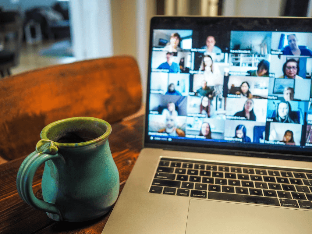 a remote wfh set up with coffee cup 