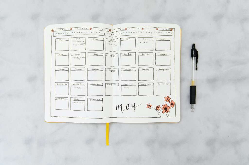 Monthly calendar on a journal