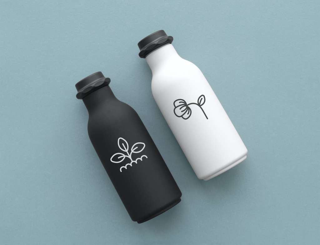 Reusable water bottles with minimal logo in black and white 