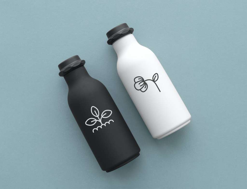 Reusable water bottles with minimal logo in black and white