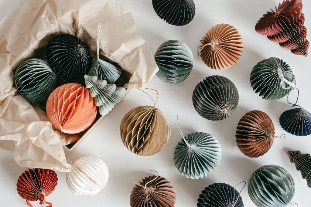 Scandinavian christmas paper honeycomb ornaments. Modern christmas decoration