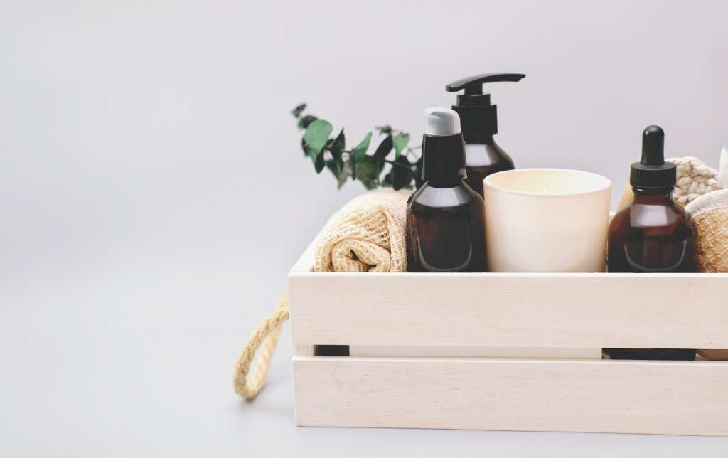 set of spa products for skin care in wooden box.
