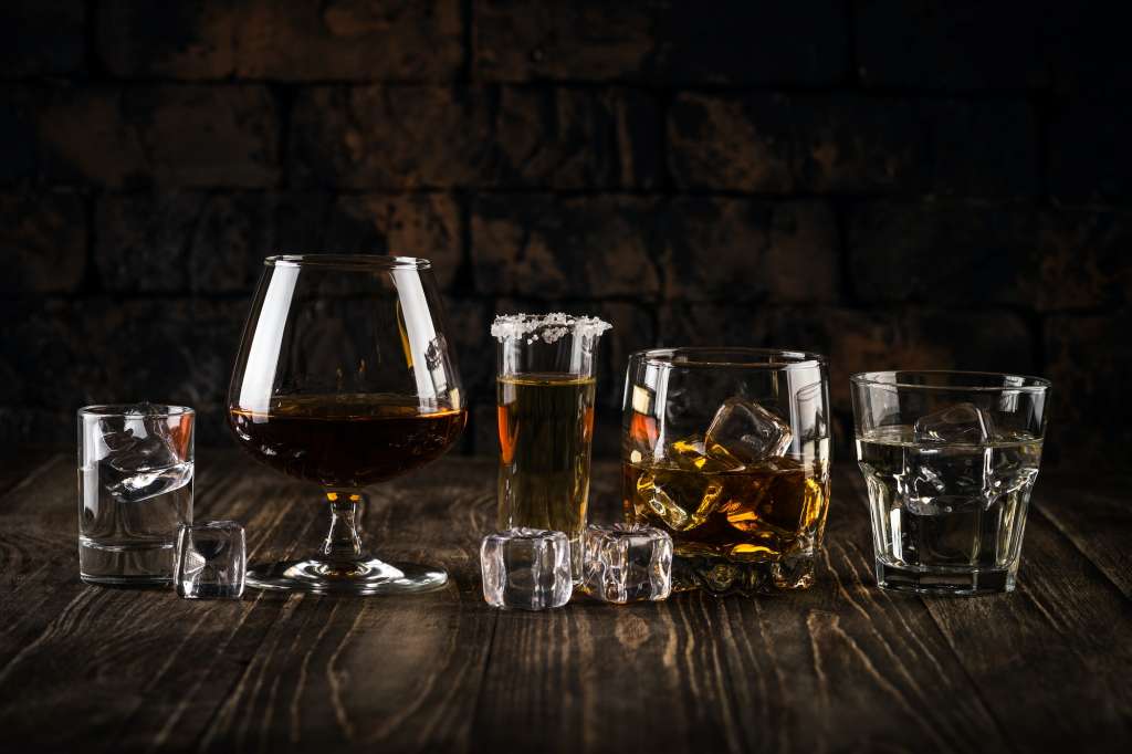 Strong alcohol drinks - whiskey, cognac, vodka, rum, tequila