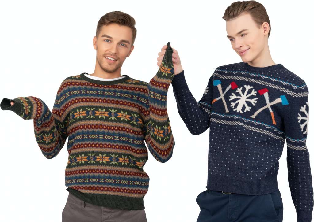 two men wearing ugly sweaters with snowflakes on them
