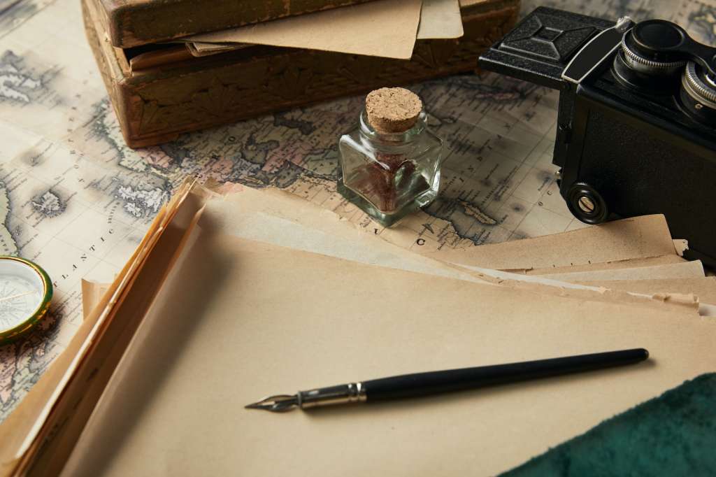 vintage camera, compass, fountain pen, photo album, paper on map background