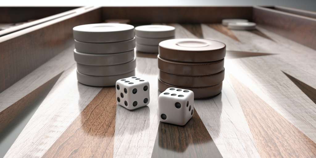 Backgammon, dice and chips closeup on game board. 3d illustration