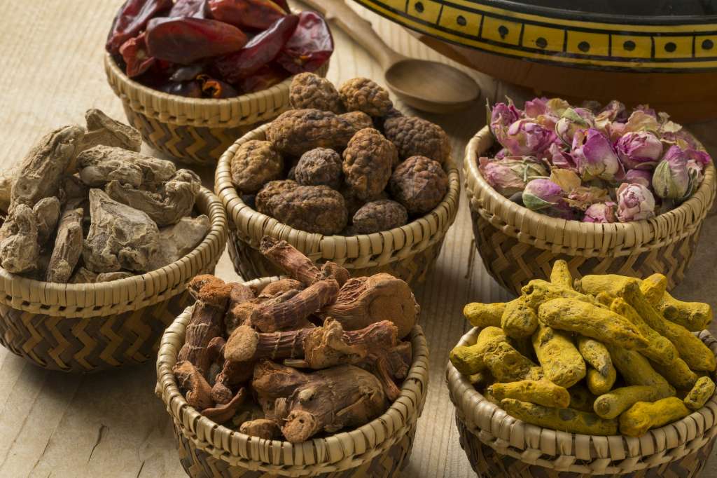 Baskets with North African dried herbs