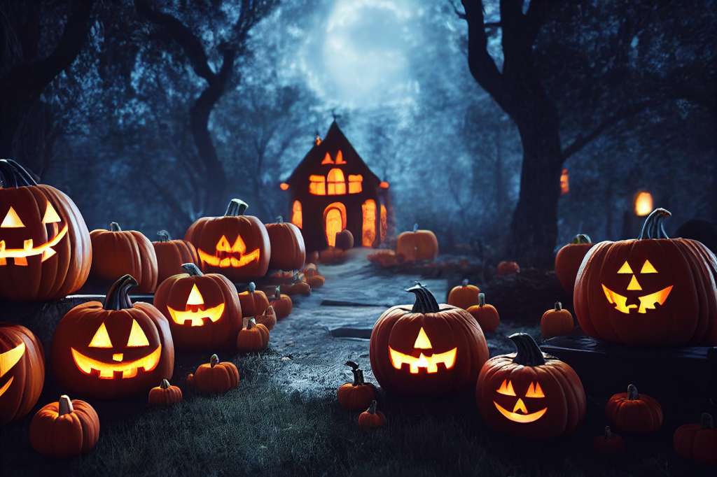 carved Halloween pumpkins and haunted house