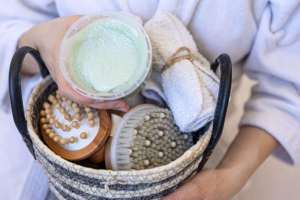 close up set of spa items body brushes and scrubs