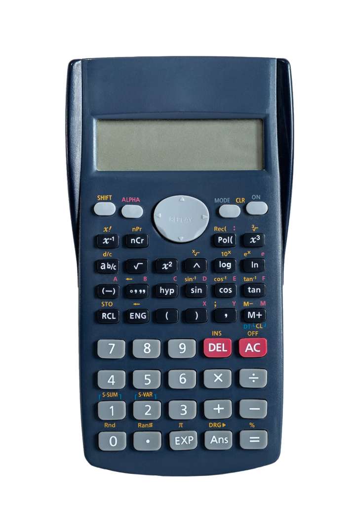 Closeup shot of an old scientific calculator isolated on the empty white background