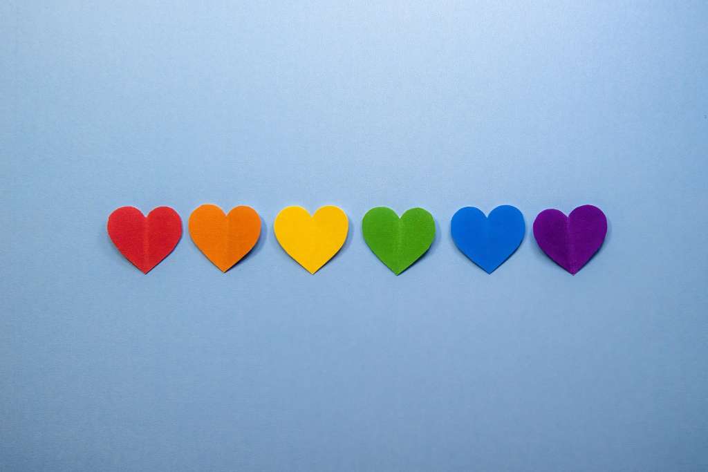Row of hearts with the colors of the lgbt gay flag
