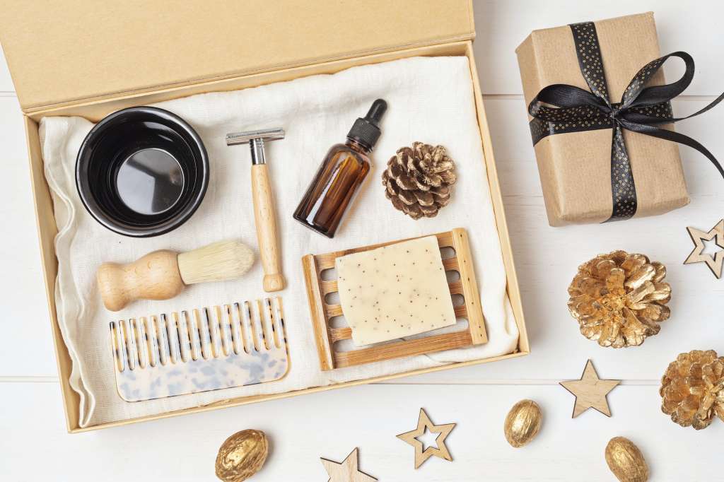 Self care package, seasonal gift box with zero waste organic cosmetics products for men