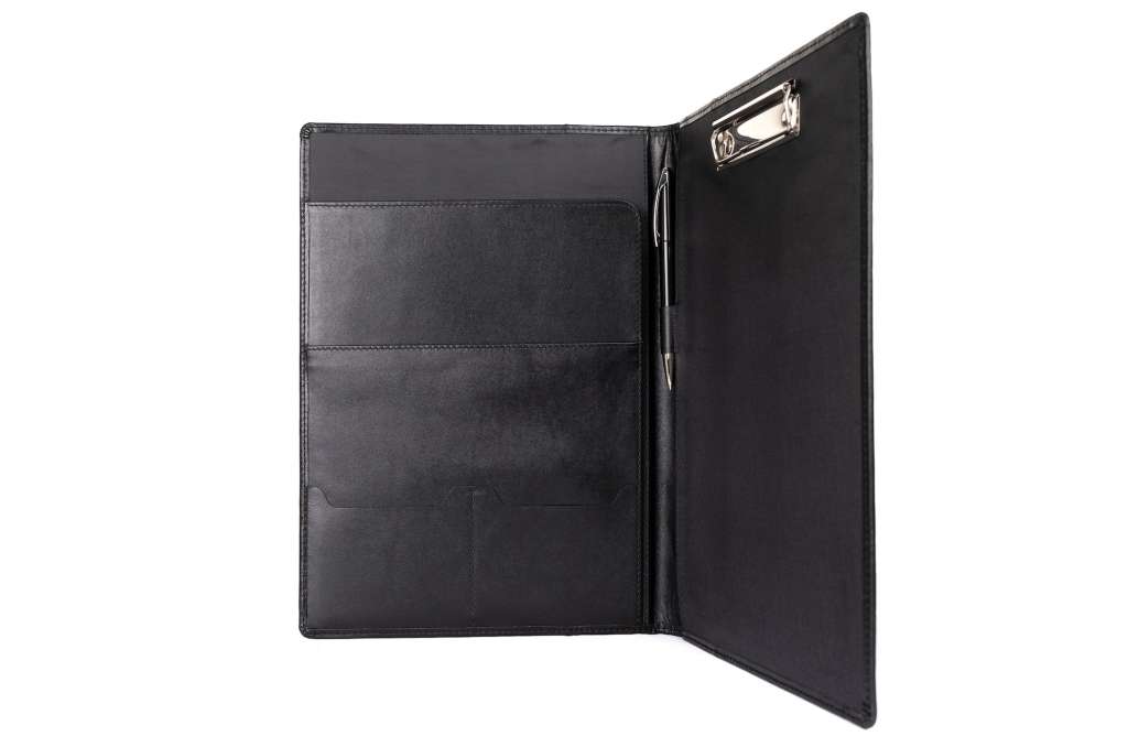 open black leather portfolio for documents