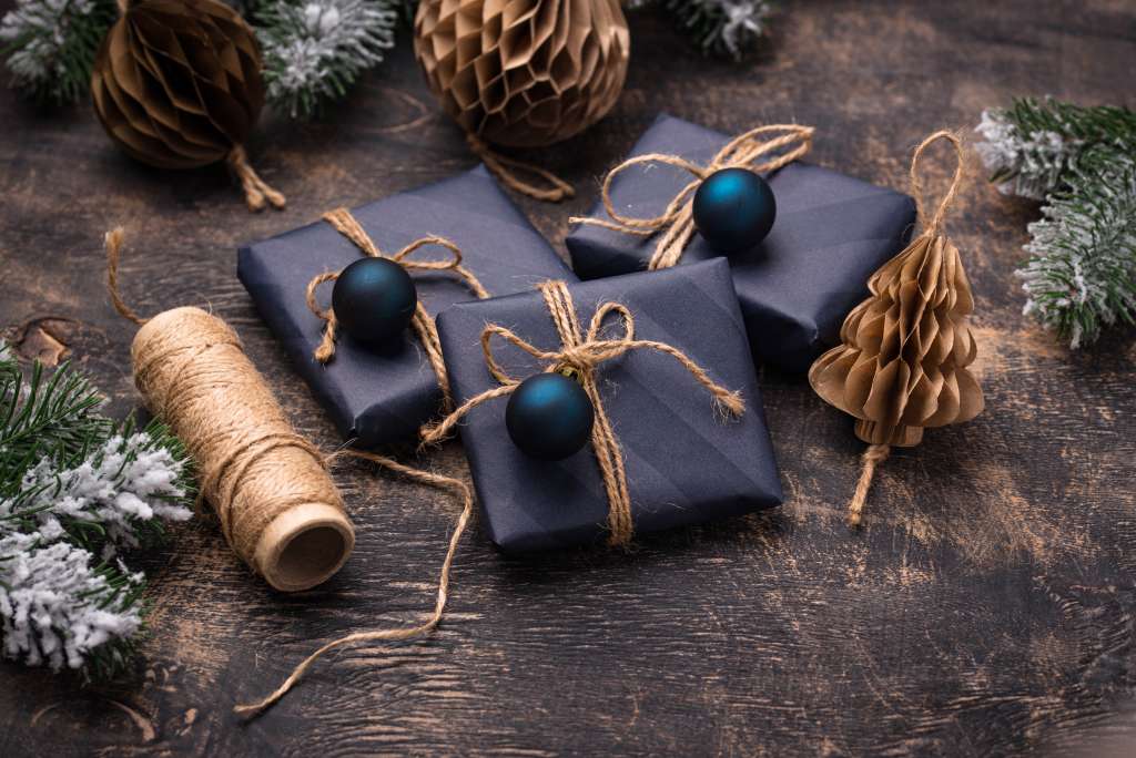 Christmas gift boxes in blue paper