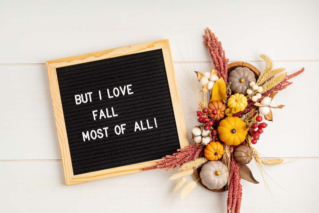Flat lay with felt letter board and text But i love fall most of all. Autumn table decoration
